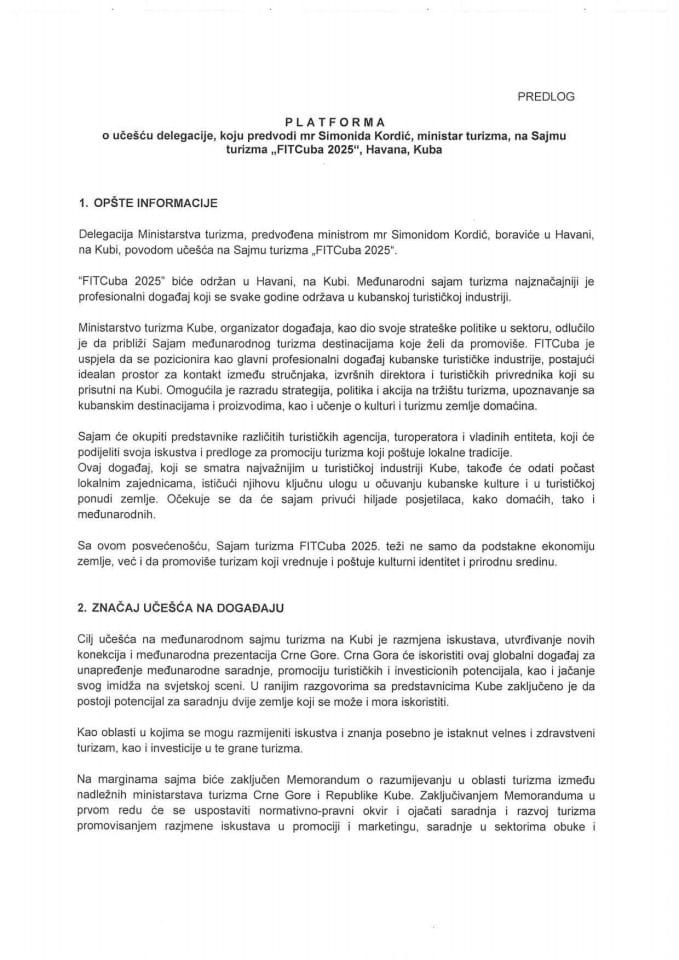 Predlog platforme o učešću delegacije, koju predvodi mr Simonida Kordić, ministarka turizma, na Sajmu turizma „FITCuba 2025“, Havana, Kuba