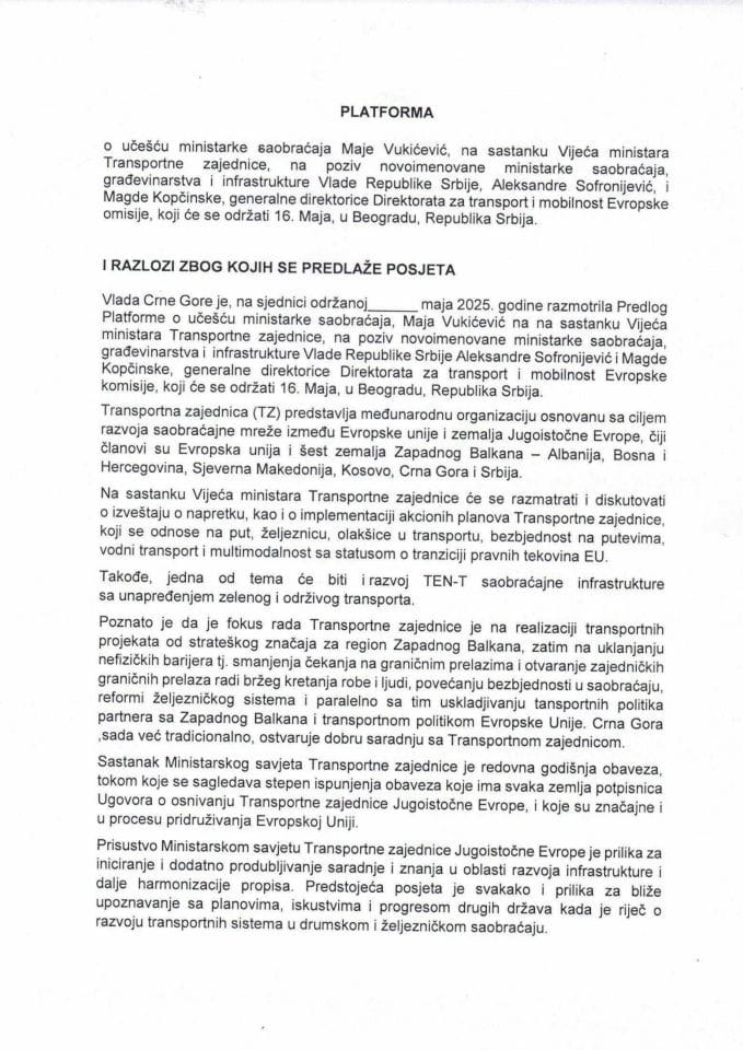 Predlog platforme o učešću ministarke saobraćaja Maje Vukićević, na sastanku Vijeća ministara Transportne zajednice, koji će se održati 16. maja 2025. godine, u Beogradu, Republika Srbija