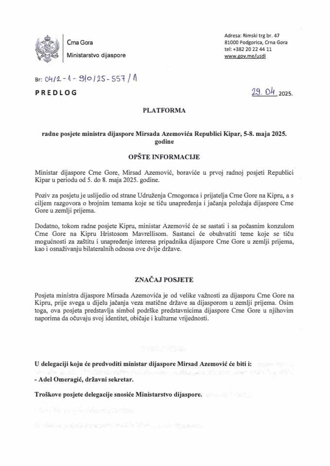 Predlog platforme radne posjete ministra dijaspore Mirsada Azemovića Republici Kipar, 5-8. maja 2025. godine