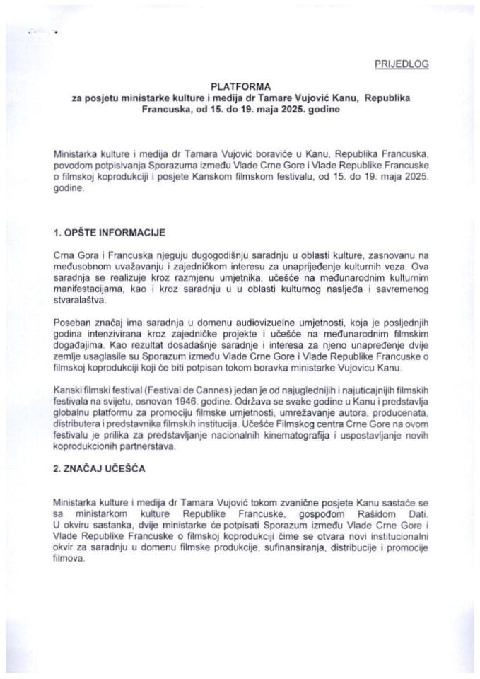 Predlog platforme za posjetu ministarke kulture i medija dr Tamare Vujović Kanu, Republika Francuska, od 15. do 19. maja 2025. godine