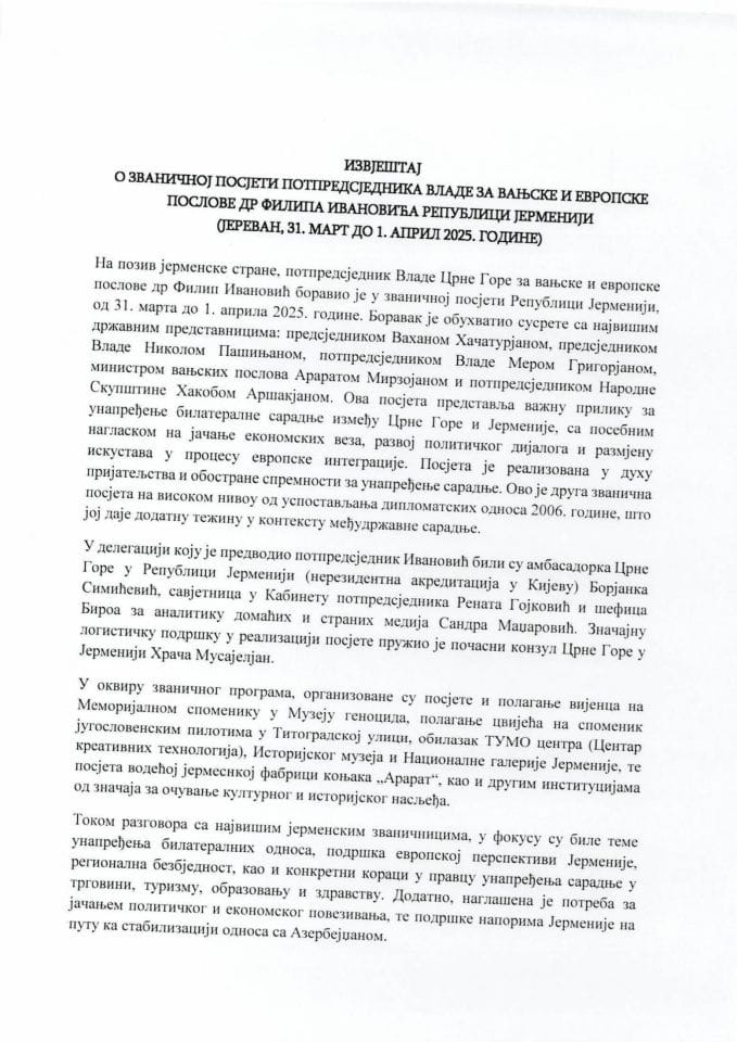 Izvještaj o zvaničnoj posjeti potpredsjednika Vlade za vanjske i evropske poslove dr Filipa Ivanovića Republici Jermeniji, Jerevan, od 31. marta do 1. aprila 2025. godine
