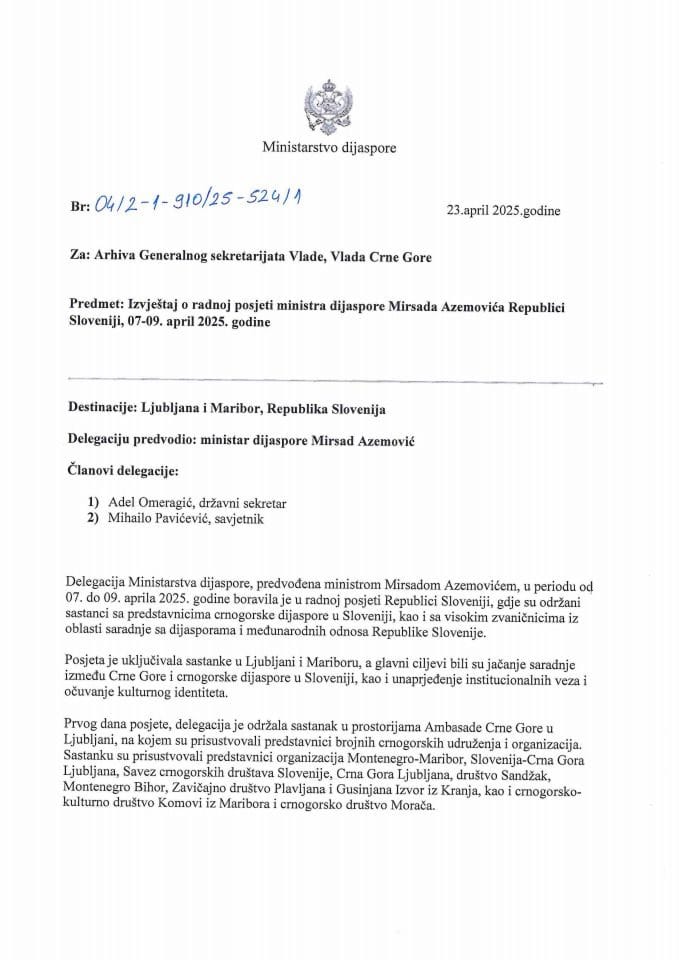 Izvještaj o radnoj posjeti ministra dijaspore Mirsada Azemovića Republici Sloveniji, 7-9. april 2025. godine