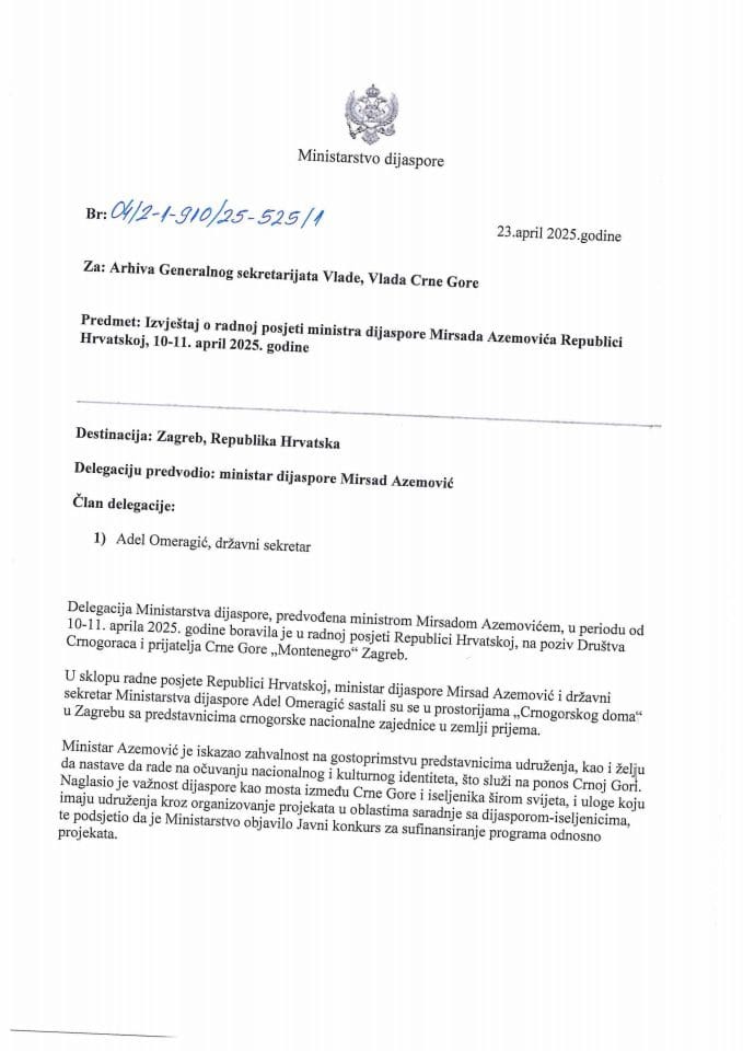 Izvještaj o radnoj posjeti ministra dijaspore Mirsada Azemovića Republici Hrvatskoj, 10-11. aprila 2025. godine