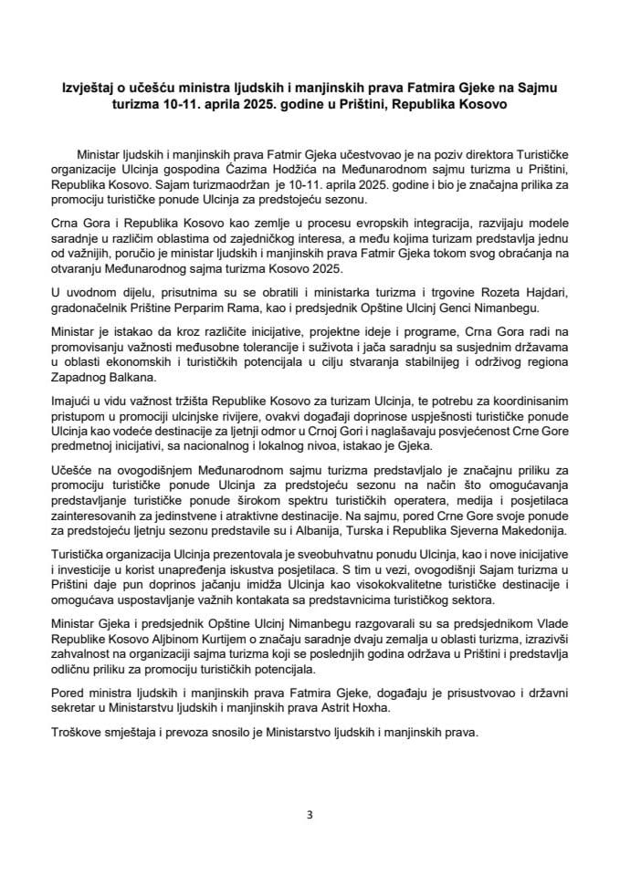 Izvještaj o učešću ministra ljudskih i manjinskih prava Fatmira Gjeke na Sajmu turizma, 10-11. aprila 2025. godine, u Prištini, Republika Kosovo