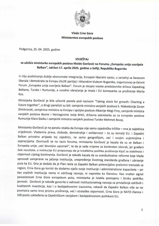 Izvještaj sa učešća ministarke evropskih poslova Maide Gorčević na Forumu „Evropska unija susrijeće Balkan“, održan 17. aprila 2025. godine, u Sofiji, Republika Bugarska