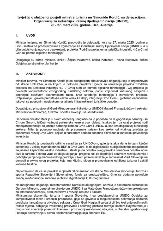 Izvještaj o službenoj posjeti ministarke turizma mr Simonide Kordić, sa delegacijom, Organizaciji za industrijski razvoj Ujedinjenih nacija (UNIDO), 26 - 27. mart 2025. godine, Beč, Austrija