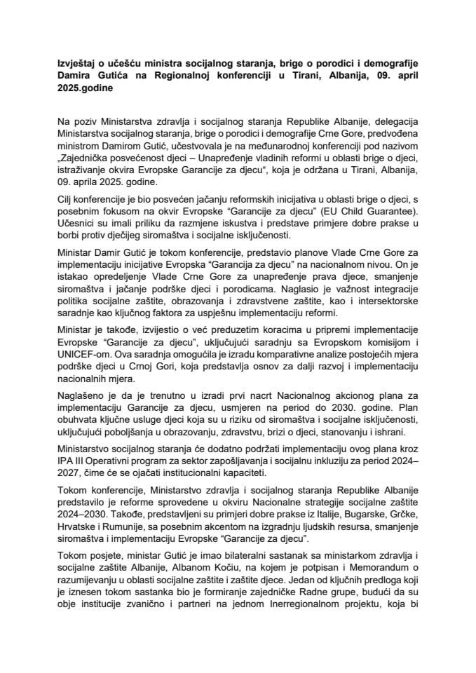 Izvještaj o učešću ministra socijalnog staranja, brige o porodici i demografije Damira Gutića na Regionalnoj konferenciji u Tirani, Albanija, 9. april 2025. godine