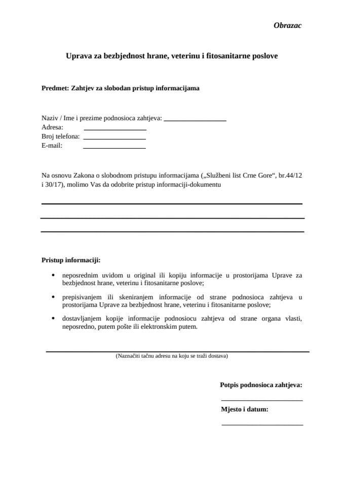 Образац за слободан приступ информацијама УБХВФП