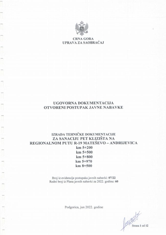 Ugovor - zrada tehničke dokumentacije za sanaciju pet klizišta na magistralnom putu Mateševo Andrijevica 07-22