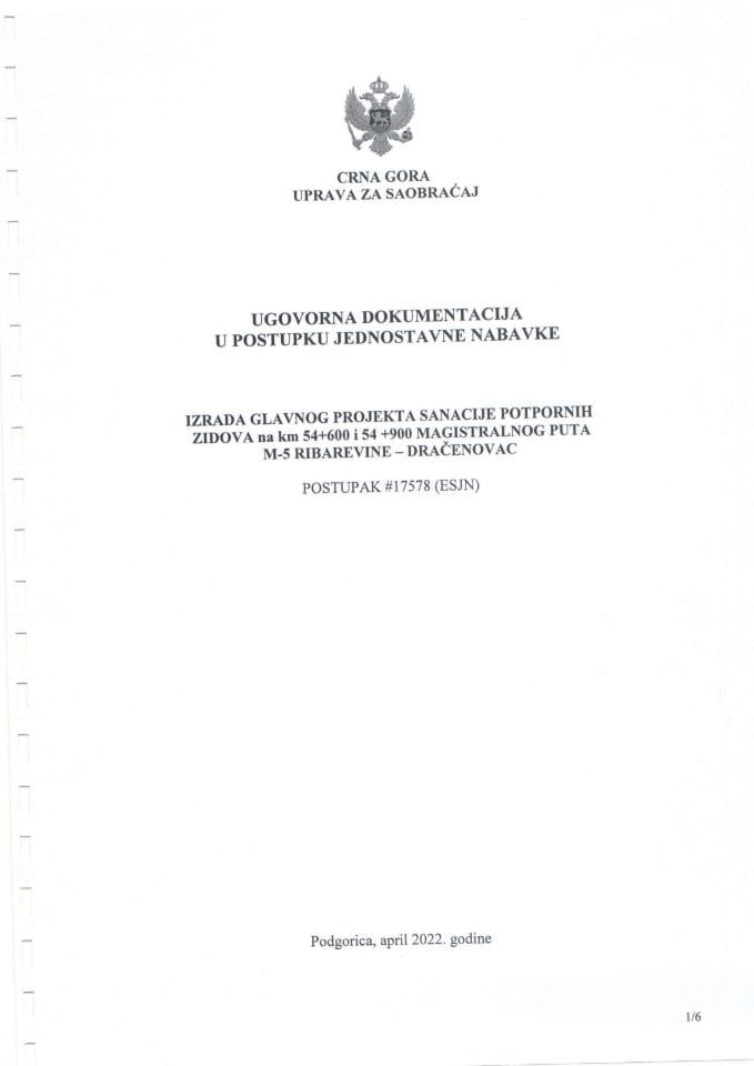 Ugovor za jednostavnu nabavku-Izrada gl. projekta sanacije potp. zidova na km 54 600 i 54  900 mag. puta M-5 Ribarevine-Dračenovac-22