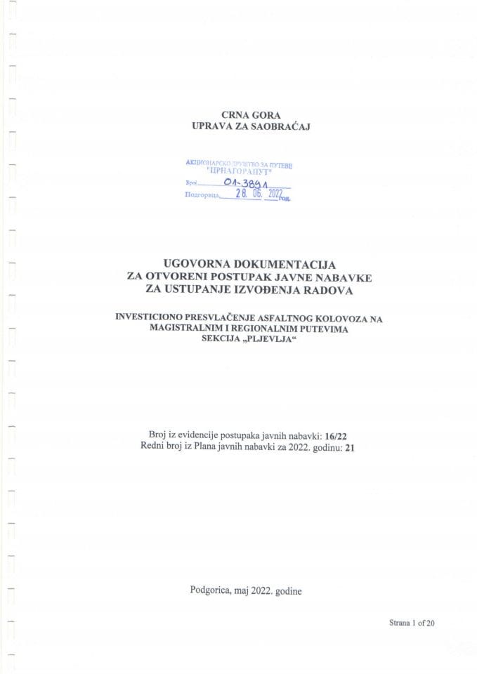 Ugovor-Investiciono presvlačenje asfaltnog kolovoza na magistralnim i regionalnim putevima, Sekcija Pljevlja 16-22