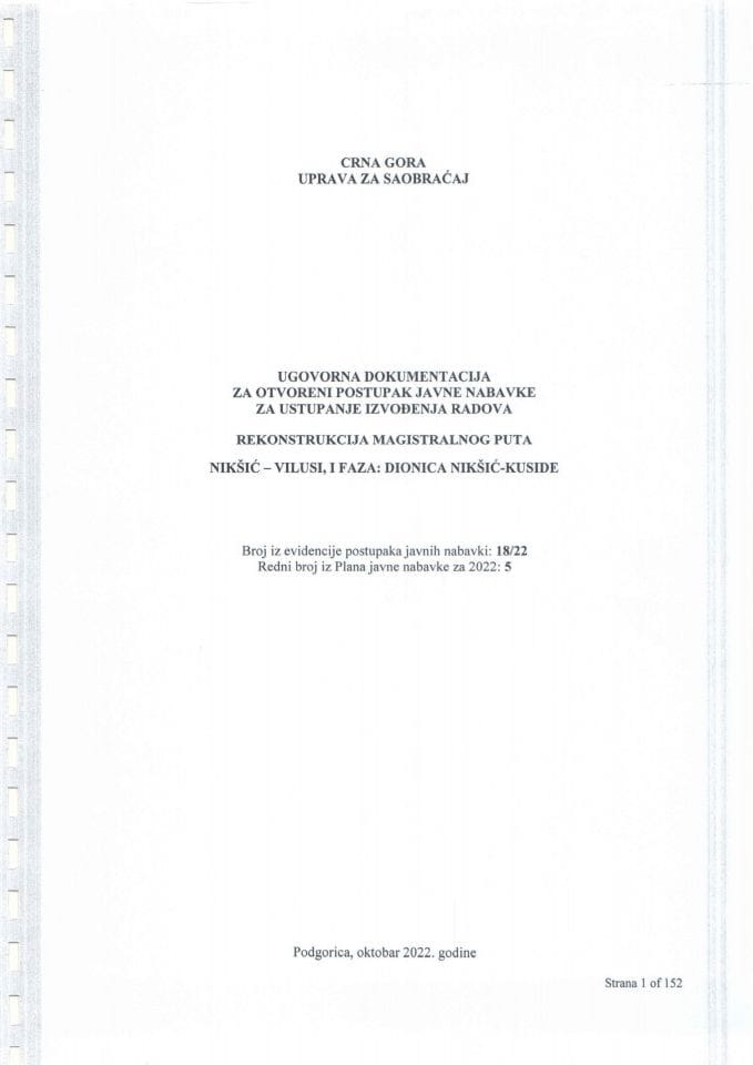 Ugovor-Rekonstrukcija magistralnog puta Nikšić-Vilusi, I Faza dionica Nikšić-Kuside 18-22