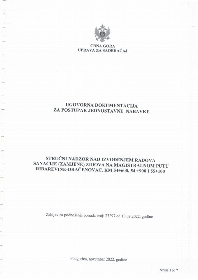UGOVOR-Stručni nadzor nad izvođenjem radova sanacije (zamjene) zidova na magistralnom putu Ribarevine-Dračenovac, km 54 600, 54  900 i 55 100