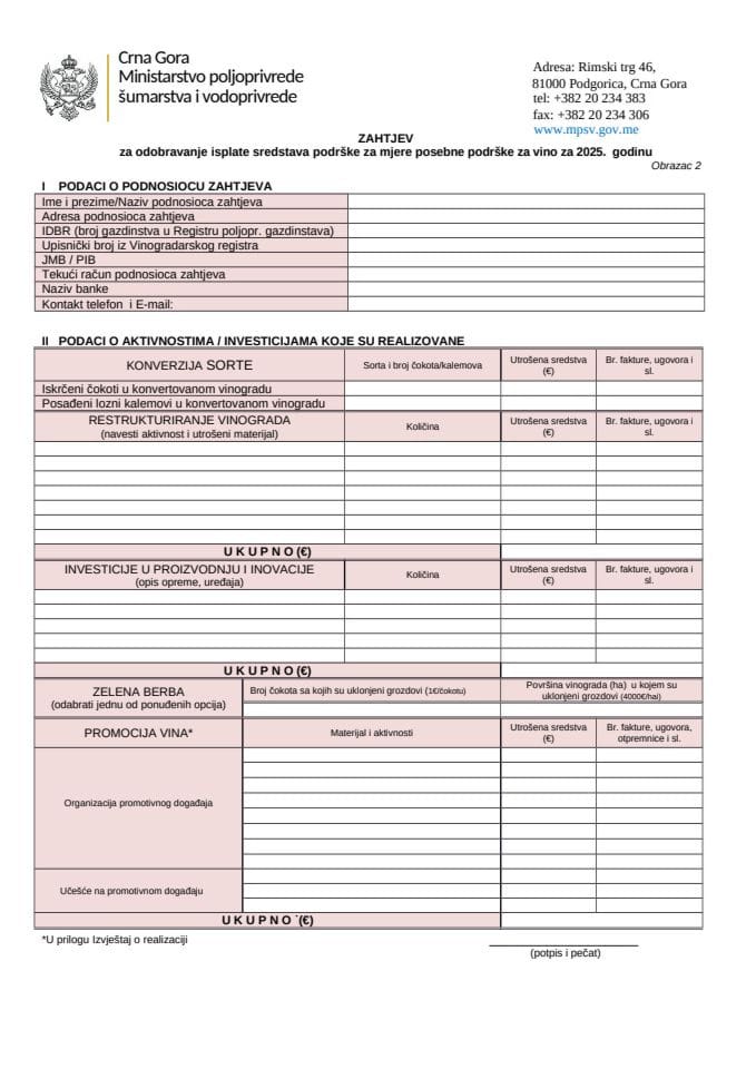 Образац 2- Захтјев за одобравање средстава подршке