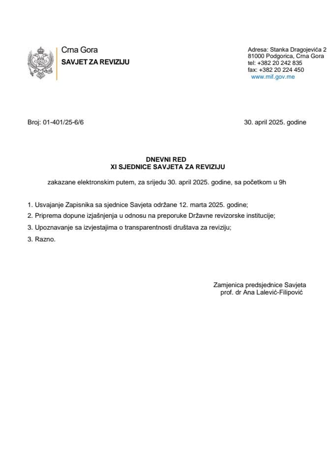 Dnevni red - XI sjednica Savjeta za reviziju - 30.04.2025.