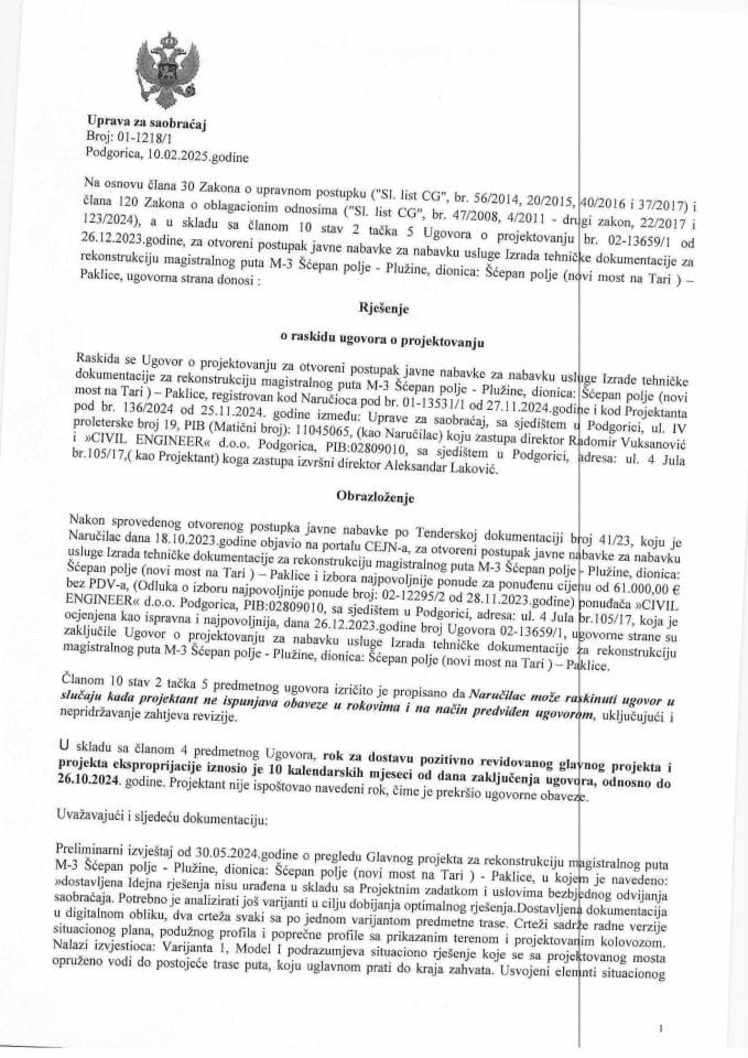 Rješenje  o raskidu Ugovora o projektovanju