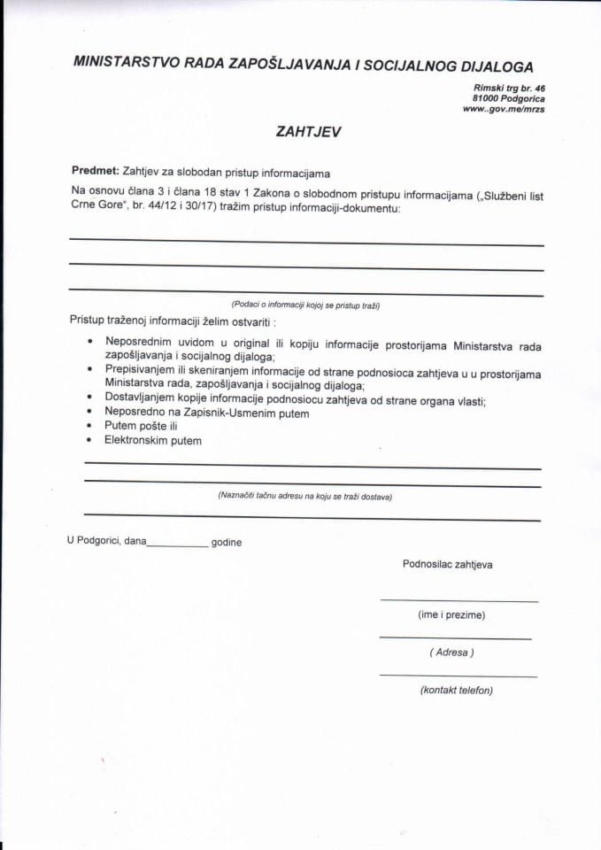 Obrazac zahtjeva za slobodan pristup informacijama