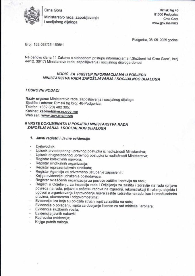 Vodič za pristup informacijama u posjedu Ministarstva rada, zapošljavanja i socijalnog dijaloga za 2025.godinu