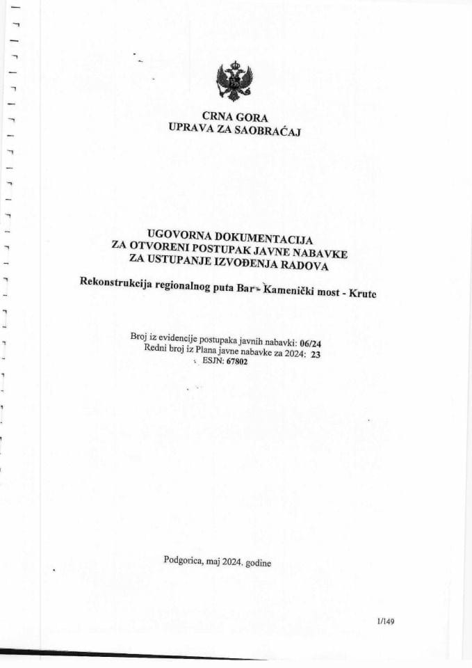 Ugovor 06-24 rekonstrukcija regionalnog puta Bar-Kamenički most-Krute