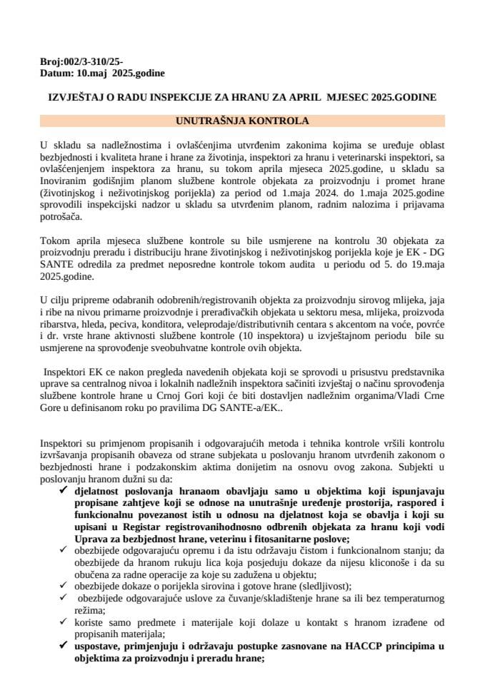 Izvještaj o radu inspekcije za hranu - april 2025.