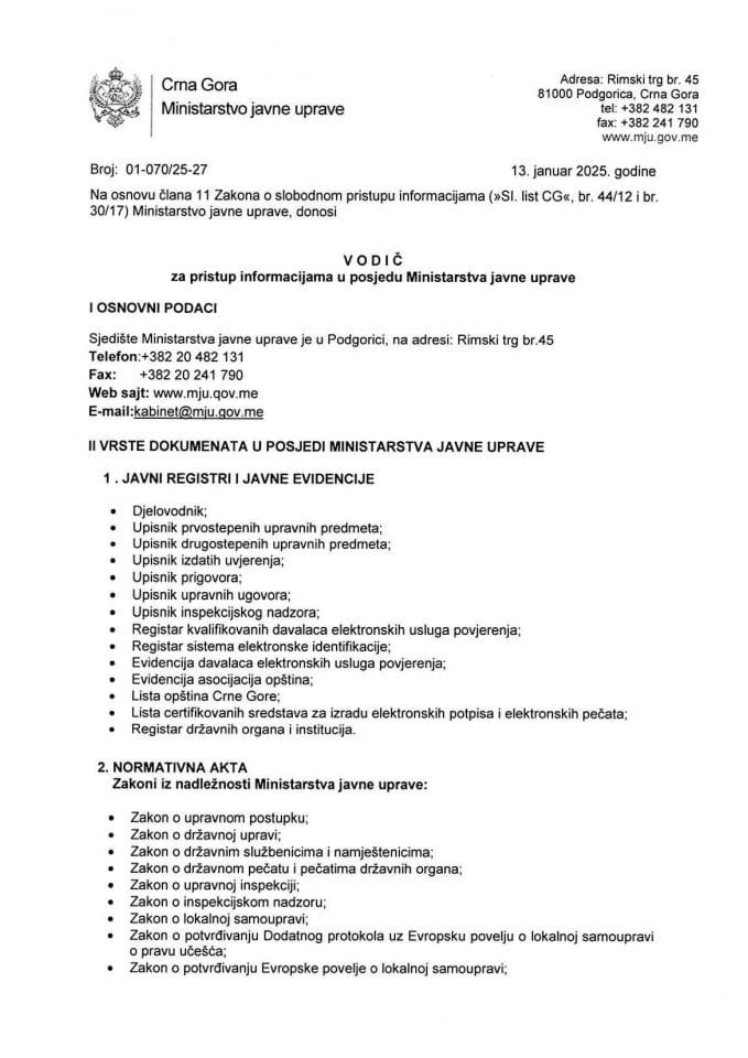 Vodič za pristup informacijama u posjedu Ministarstva javne uprave 2025.