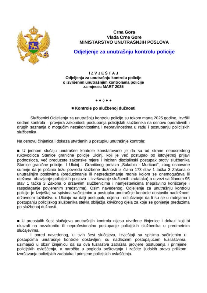 Izvještaj o postupanju po kontrolama i pritužbama za mjesec mart 2025. godine