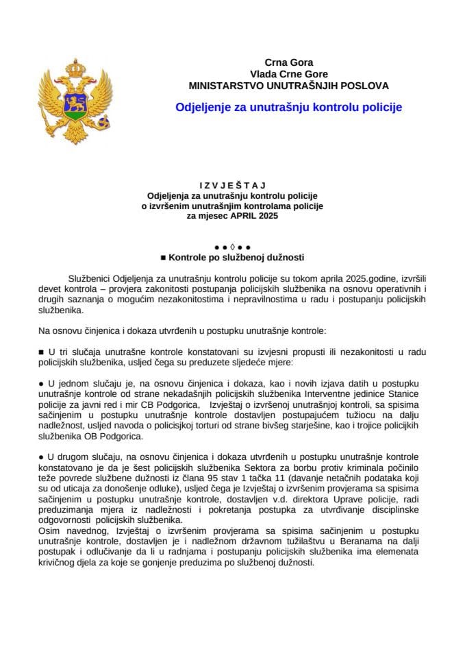 Izvještaj o postupanju po kontrolama i pritužbama za mjesec april 2025. godine