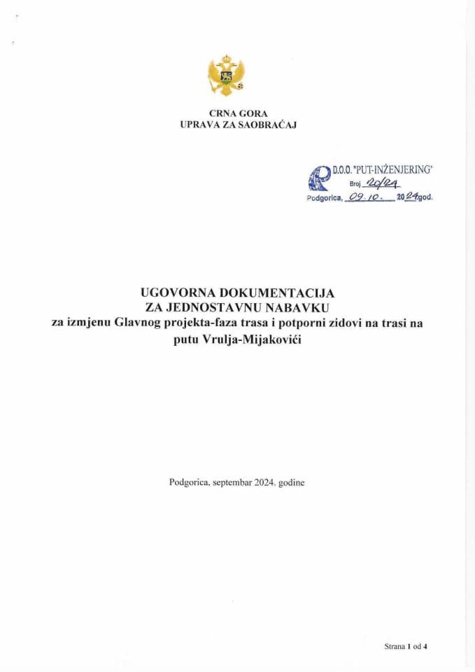 Ugovor o jednostavnoj nabavci-izmena Gl projekta-faza trasa i potporni zidovi na trasi na putu Vrulja-Mijakovići