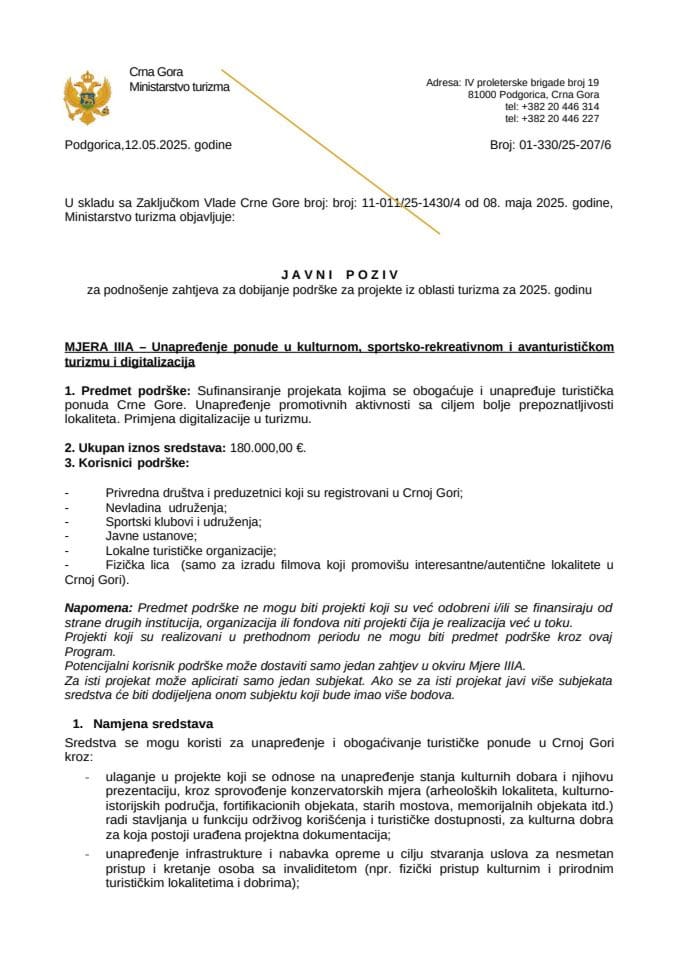 Javni poziv za podnošenje zahtjeva za dobijanje podrške za projekte iz oblasti turizma za 2025. godinu – Mjera III A