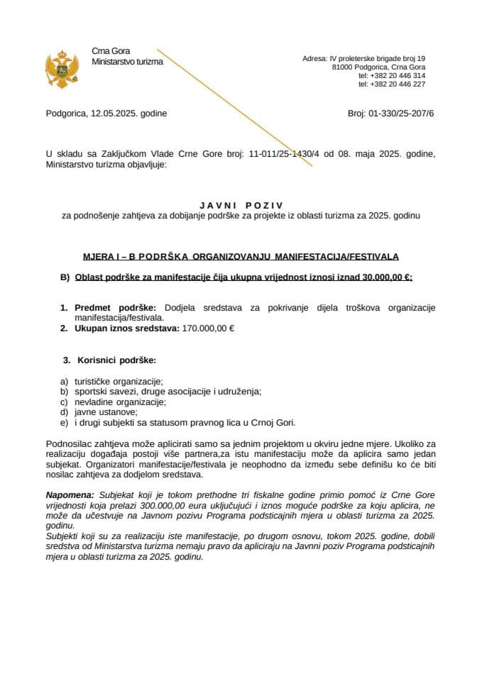 Javni poziv za podnošenje zahtjeva za dobijanje podrške za projekte iz oblasti turizma za 2025. godinu – Mjera I B