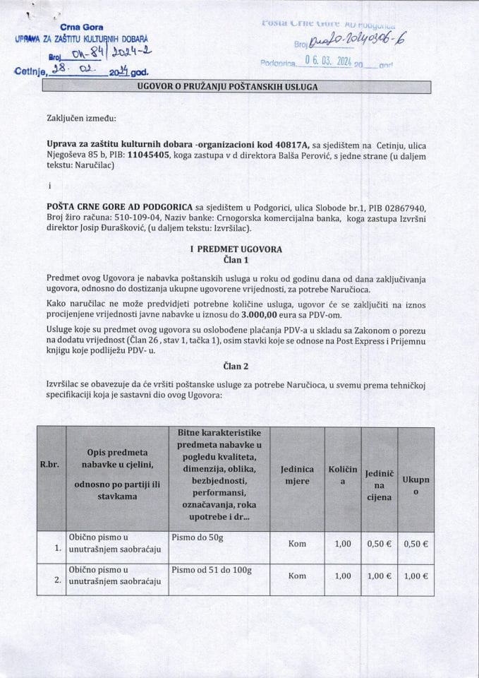 Ugovor o pružanju poštanskih usluga 2024