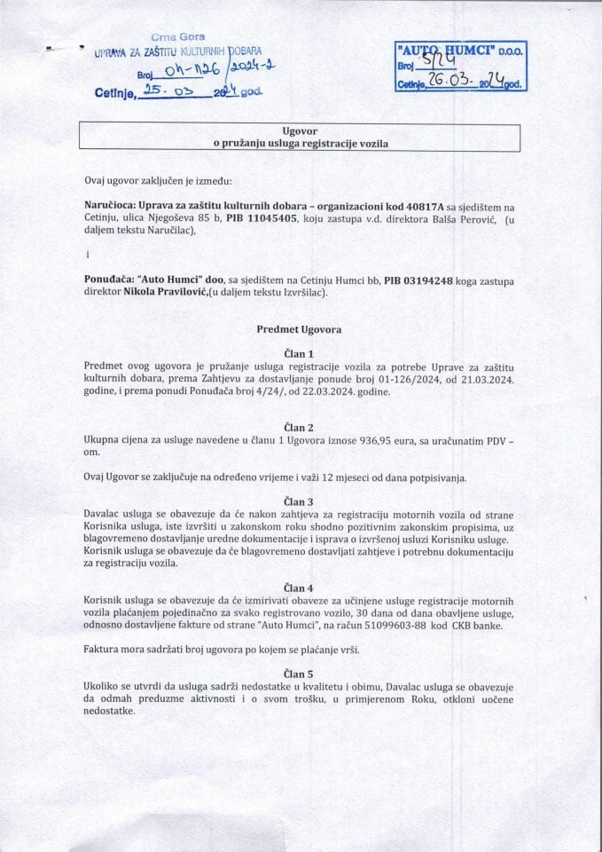 Ugovor o pružanju usluga registracije vozila 2024