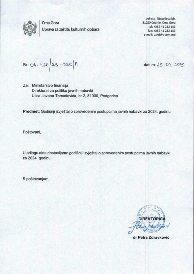 Godišnji izvještaj o sprovedenim postupcima javnih nabavki za 2024. god.