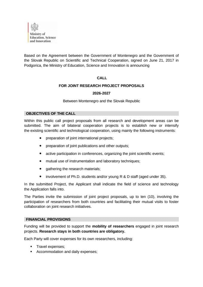 ЦАЛЛ ФОР ЈОИНТ РЕСЕАРЦХ ПРОЈЕЦТ ПРОПОСАЛС 2026-2027 Бетwеен Монтенегро анд тхе Словак Републиц