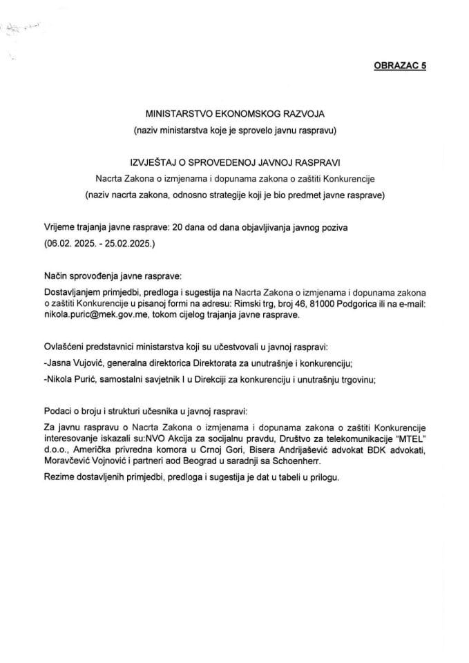 Извјестај о спроведеној јавној расправи Нацрт Закона о измјенама и допунама закона о заштити конкуренције