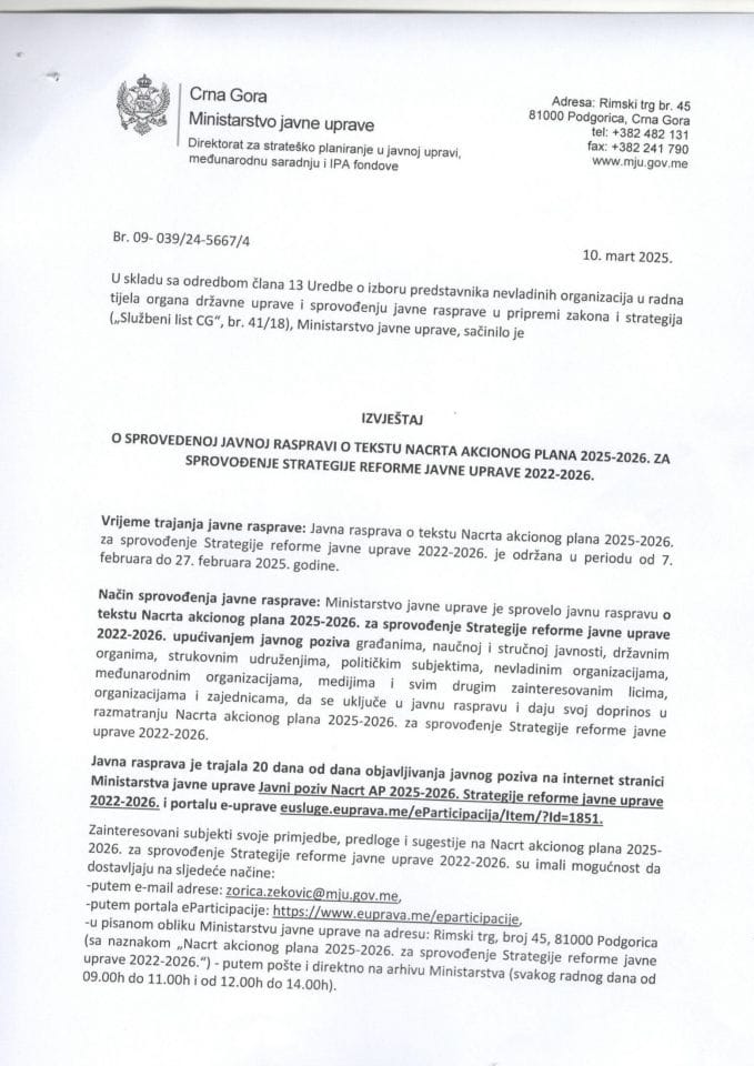 Izvještaj sa javne rasprave Akcioni plan 2025-2026 Strategije