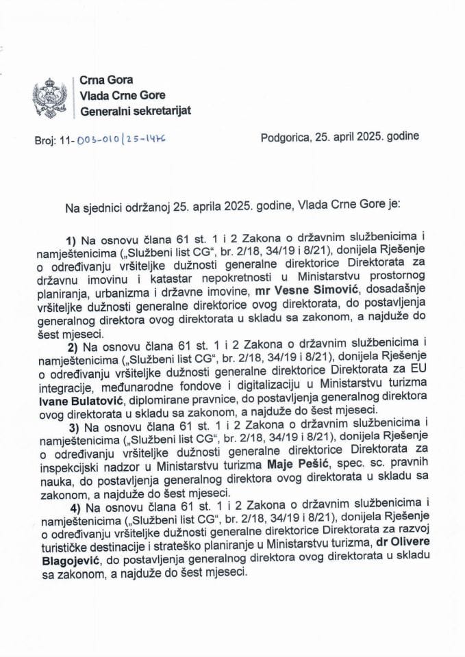 Кадровска питања - 78. сједница Владе Црне Горе - закључци