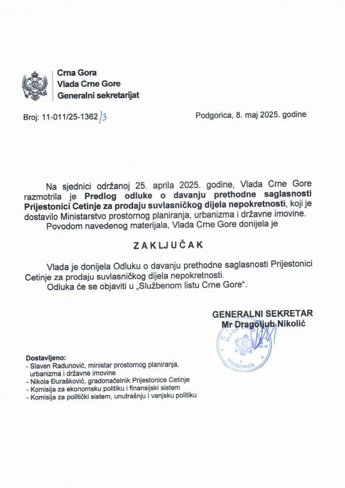 Предлог одлуке о давању претходне сагласности Пријестоници Цетиње за продају сувласничког дијела непокретности - закључци