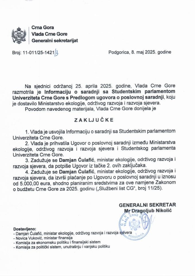 Информација о сарадњи са Студентским парламентом Универзитета Црне Горе с Предлогом уговора о пословној сарадњи - закључци