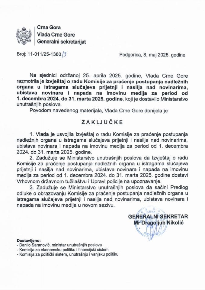 Извјештај о раду Комисије за праћење поступања надлежних органа у истрагама случајева пријетњи и насиља над новинарима, убистава новинара и напада на имовину медија за период од 1. децембра 2024. до 31. марта 2025. године - закључци