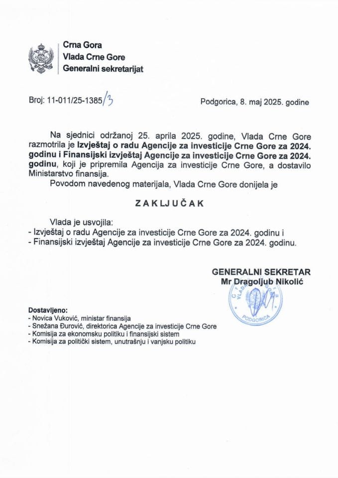 Izvještaj o radu Agencije za investicije Crne Gore za 2024. godinu i Finansijski izvještaj Agencije za investicije Crne Gore za 2024. godinu - Zaključci