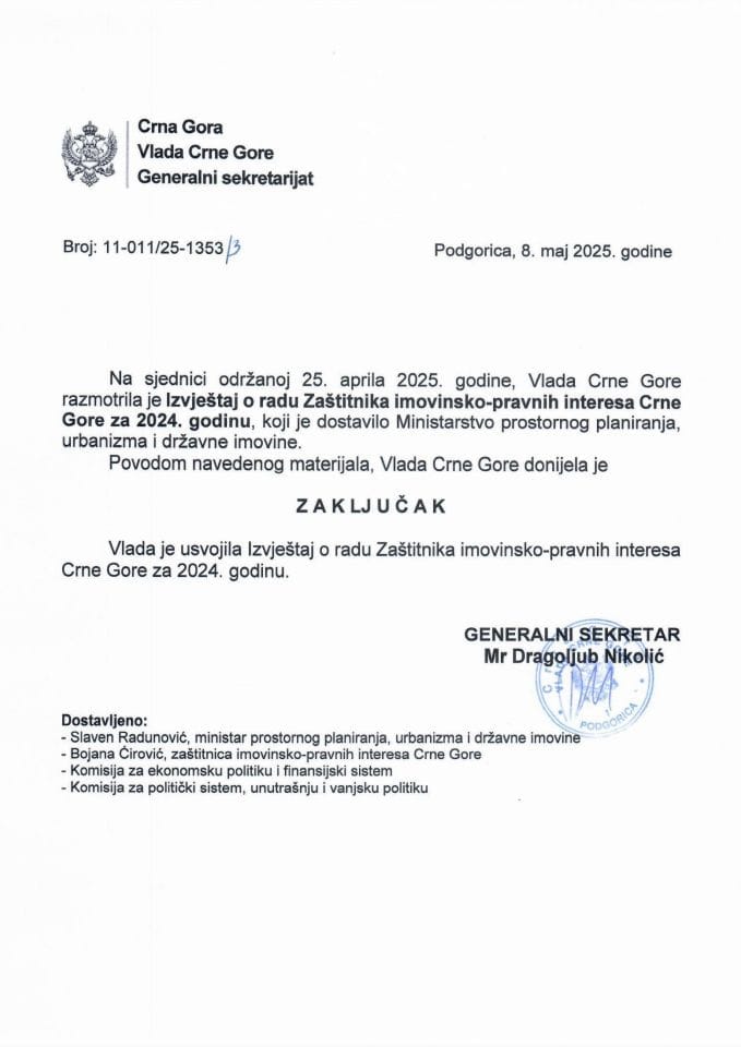 Извјештај о раду Заштитника имовинско-правних интереса Црне Горе за 2024. годину - Закључци