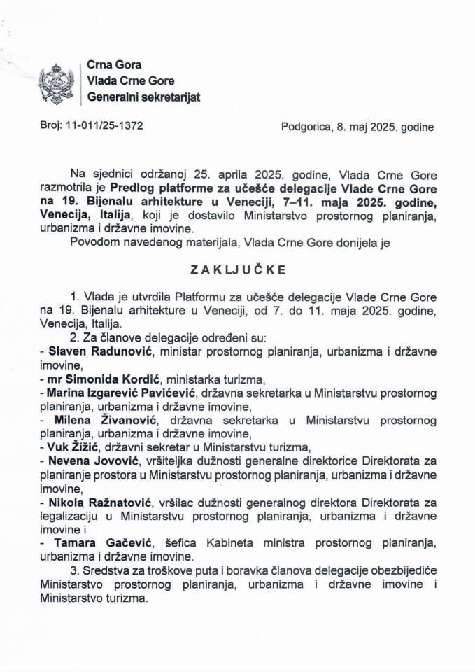 Предлог платформе за учешће делегације Владе Црне Горе на 19. Бијеналу архитектуре у Венецији, 7-11. мај 2025. године, Венеција, Италија -Закључци