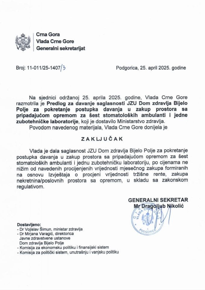 Предлог за давање сагласности ЈЗУ Дом здравља Бијело Поље за покретање поступка давања у закуп простора са припадајућом опремом за шест стоматолошких амбуланти и једне зуботехничке лабораторије -Закључци