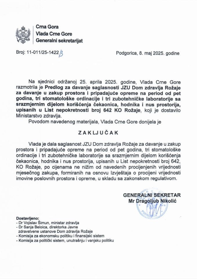 Predlog za davanje saglasnosti JZU Dom zdravlja Rožaje za davanje u zakup prostora i pripadajuće opreme na period od pet godina, tri stomatološke ordinacije i tri zubotehničke laboratorije upisanih u list nepokretnosti broj 642 KO Rožaje - Zaključci