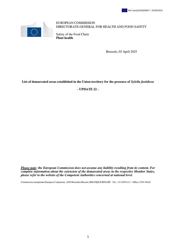 Април 2025 - Листа обиљежених подручја Xyлелла фастидиоса у ЕУ