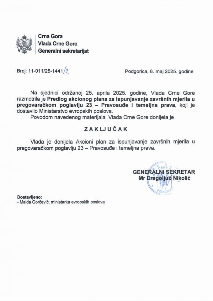 Predlog akcionog plana za ispunjavanje završnih mjerila u pregovaračkom poglavlju 23 – Pravosuđe i temeljna prava - Zaključci