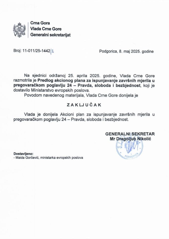 Предлог акционог плана за испуњавање завршних мјерила у преговарачком поглављу 24 – Правда, слобода и безбједност -Закључци