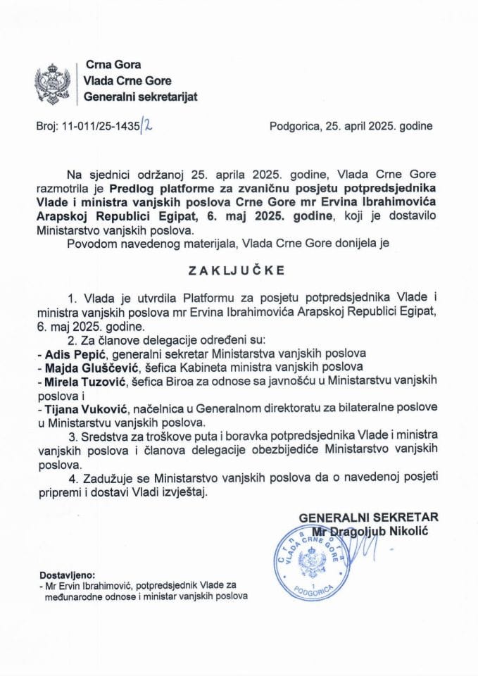 Predlog platforme za zvaničnu posjetu potpredsjednika Vlade i ministra vanjskih poslova Crne Gore mr Ervina Ibrahimovića Arapskoj Republici Egipat, 6. maj 2025. godine - Zaključci