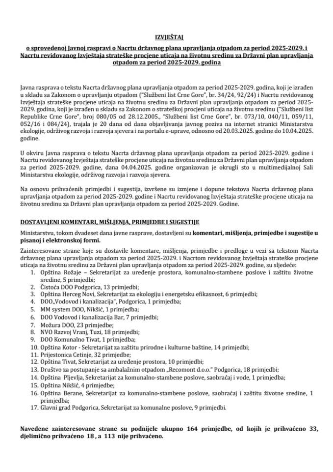 Извјештај о спроведеној Јавној расправи о Нацрту државног плана управљања отпадом за период 2025-2029. и Нацрту ревидованог Извјештаја стратешке процјене утицаја на животну средину за Државни план управљања от